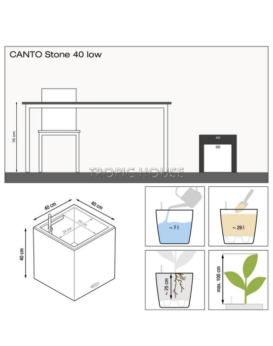 Кашпо LECHUZA CANTO Stone low 40х40 см