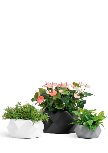 Кашпо TREEZ ERGO, Rombo, Низкая чаша-многогранник, Белый камень