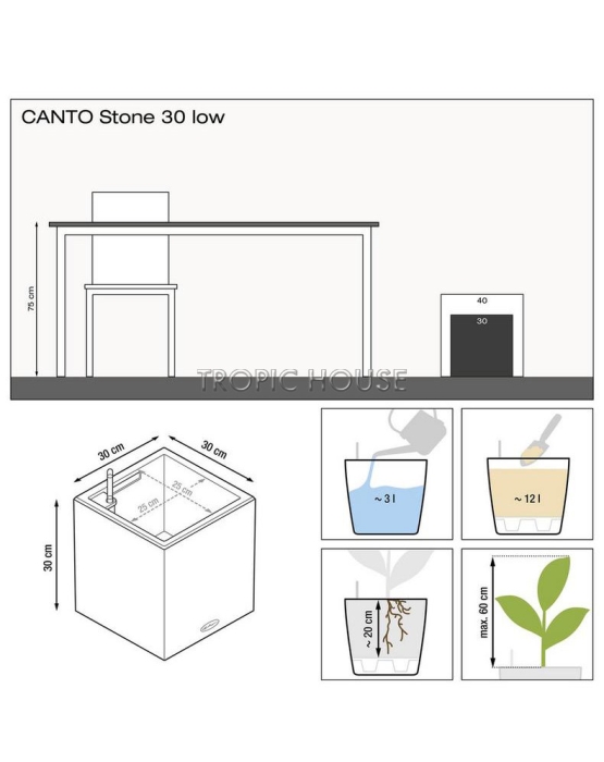 Кашпо LECHUZA CANTO Stone low 30х30 см